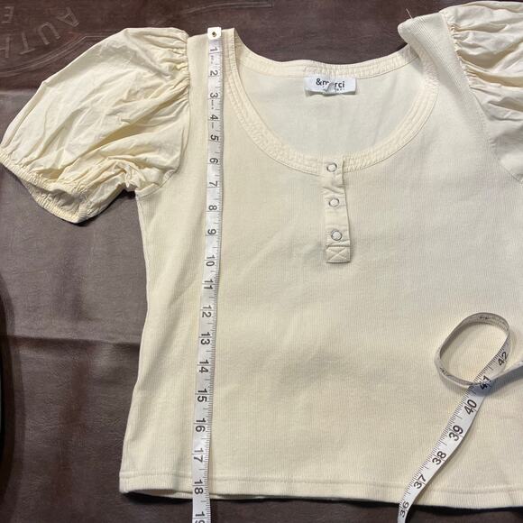 &Merci Cream Puff Sleeve Top M Henley Rib Knit Stretch Romantic Cottagecore - Picture 13 of 13